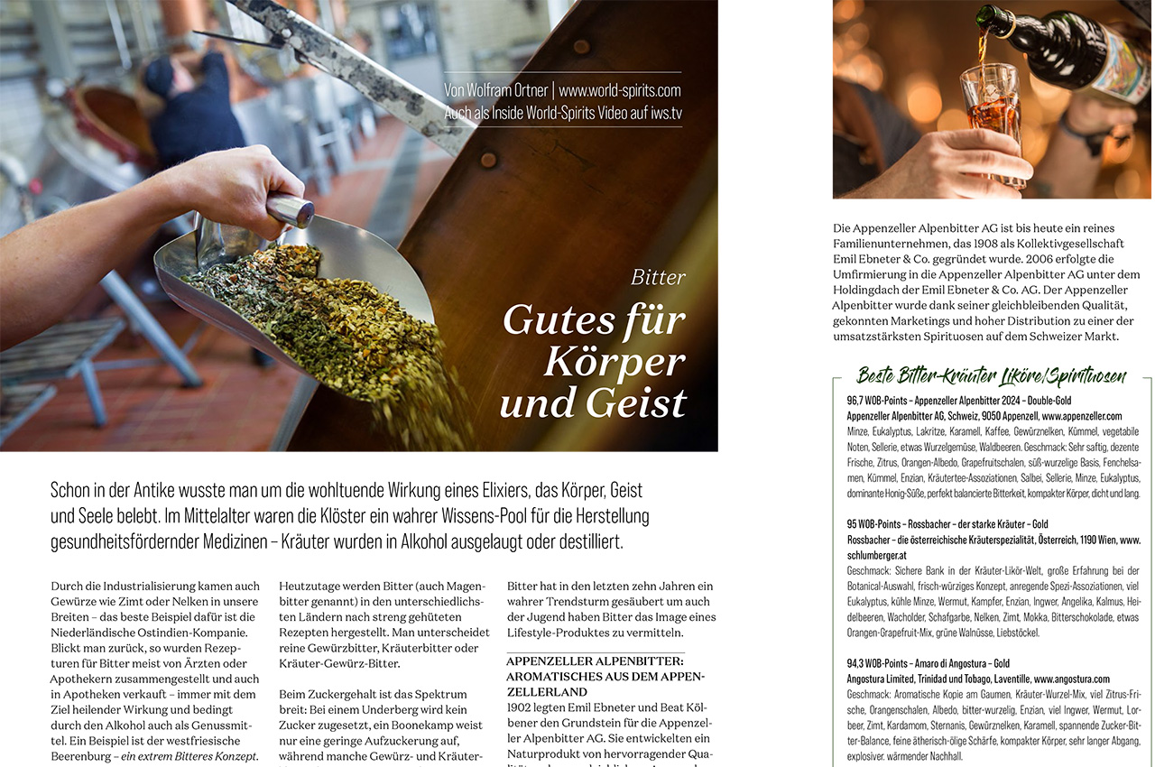 Entdecken Sie die faszinierende Welt der Bitter – von antiken Elixieren bis zu modernen Kräuter- und Gewürzbittern. Erfahren Sie alles über Herstellung, Zutaten, Zucker- und Alkoholgehalt sowie die besten Bitter-Spirituosen wie Appenzeller Alpenbitter, Rossbacher, Amaro di Angostura und KGB Bitter.